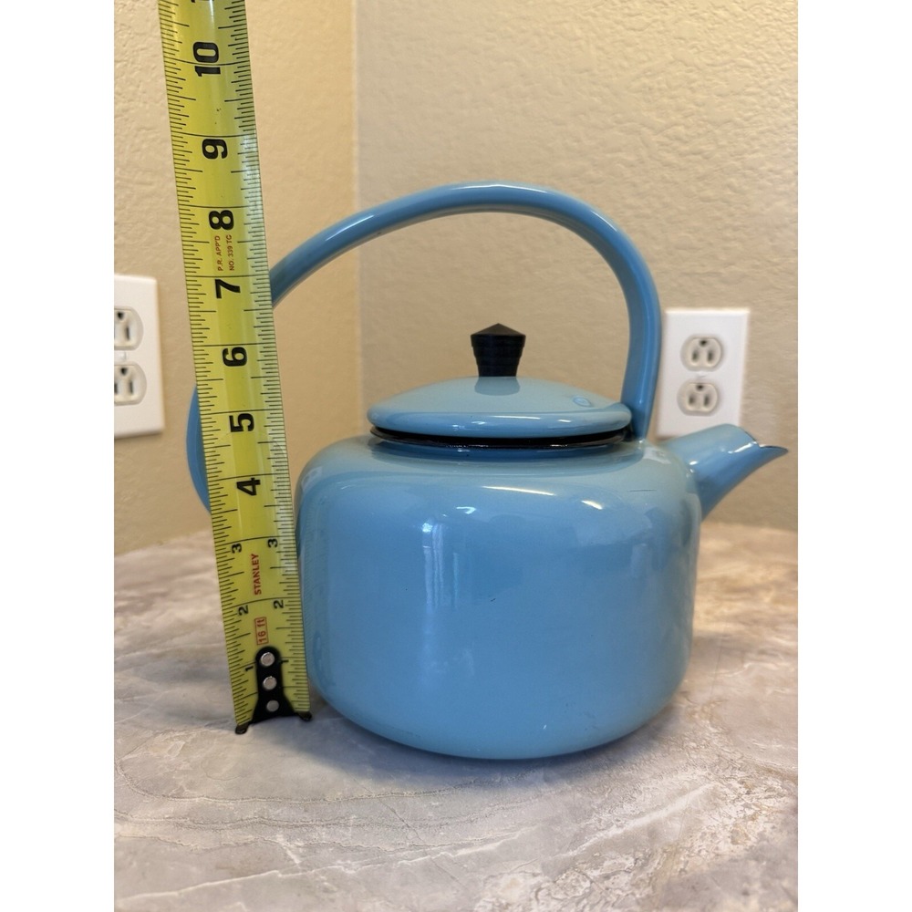Vintage Blue Enamel Tea Kettle Stovetop Pot Mid Century Farmhouse Decor - Picture 10 of 12